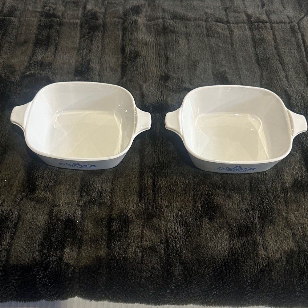 CorningWare set of 2 vintage White and Blue Square Baking Dishes 1 3/4 cup size